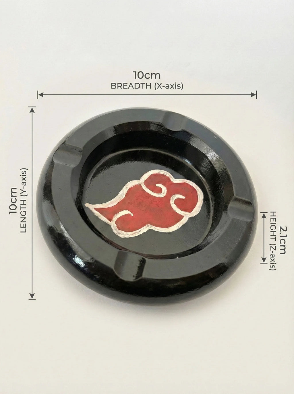 Black circular Akatsuki Ashtray with a red and white akatsuki cloud, shown with measurements on a beige background