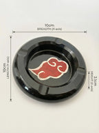 Black circular Akatsuki Ashtray with a red and white akatsuki cloud, shown with measurements on a beige background