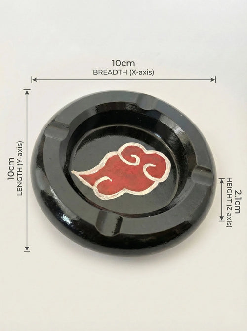 Black circular Akatsuki Ashtray with a red and white akatsuki cloud, shown with measurements on a beige background