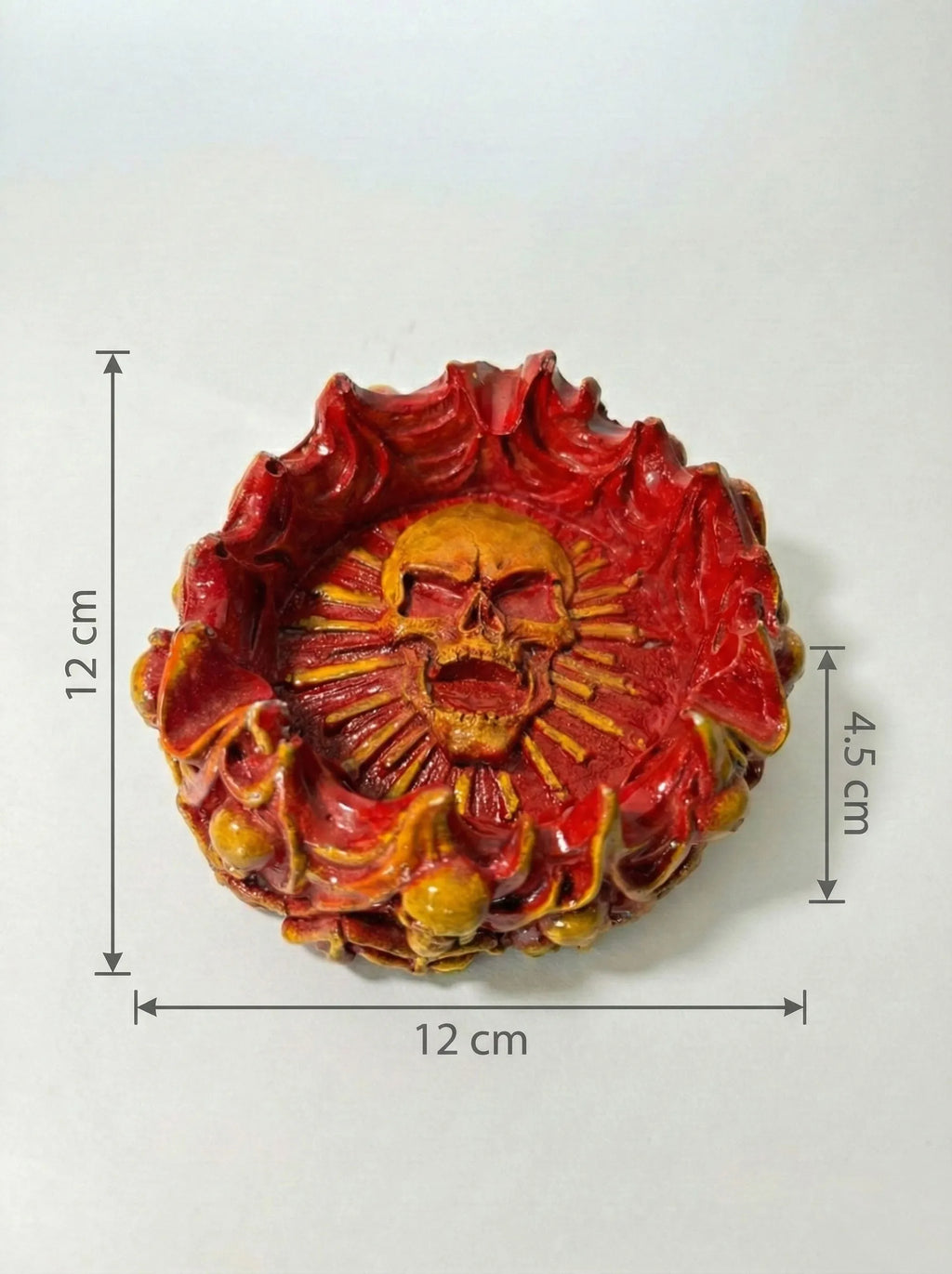 fancy Blood Skull Ashtray with measurements on a white background