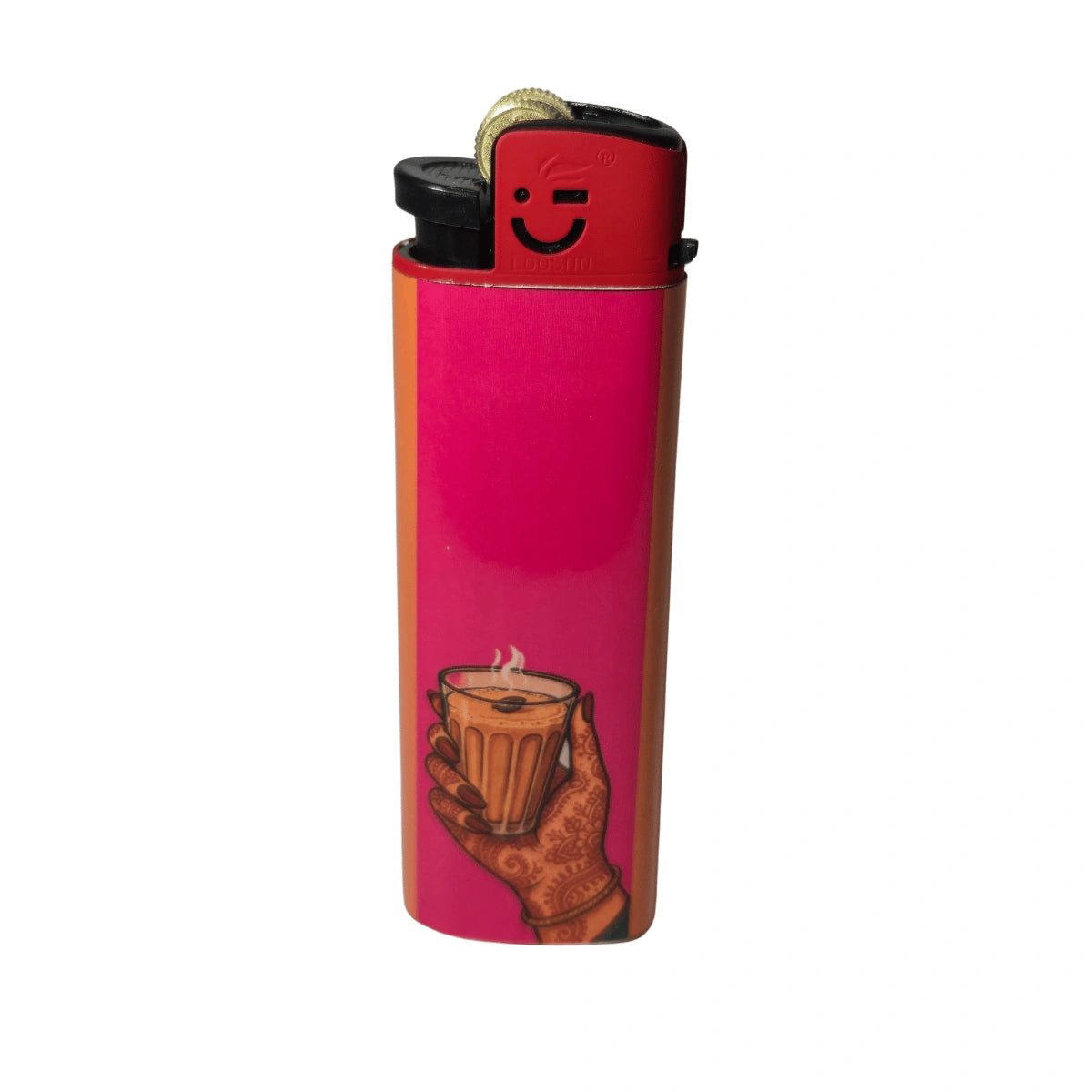 A pink and orange striped lighter with a red top cap featuring a smiley face, decorated with an illustration of a hand holding a cup of chai on the front.