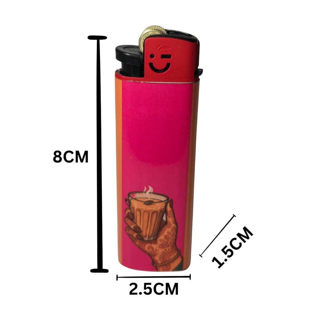 A pink and orange lighter with a graphic of a hand holding a cup of coffee, shown with black dimension lines and text indicating measurements of 8CM, 2.5CM, and 1.5 cm