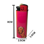 A pink and orange lighter with a graphic of a hand holding a cup of coffee, shown with black dimension lines and text indicating measurements of 8CM, 2.5CM, and 1.5 cm