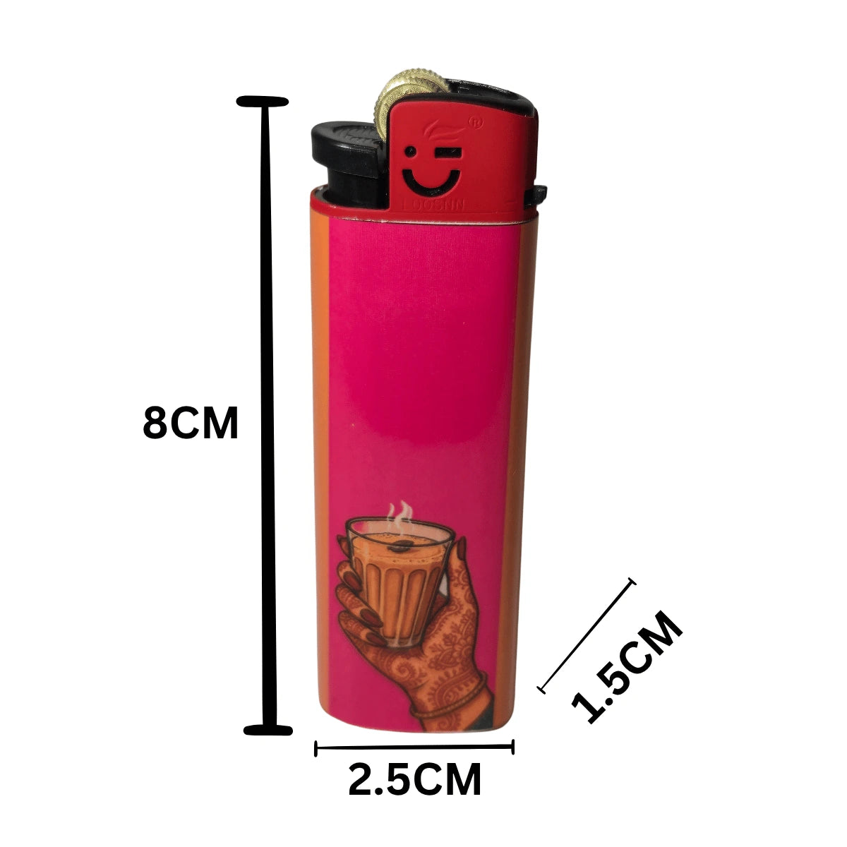 A pink and orange lighter with a graphic of a hand holding a cup of coffee, shown with black dimension lines and text indicating measurements of 8CM, 2.5CM, and 1.5 cm