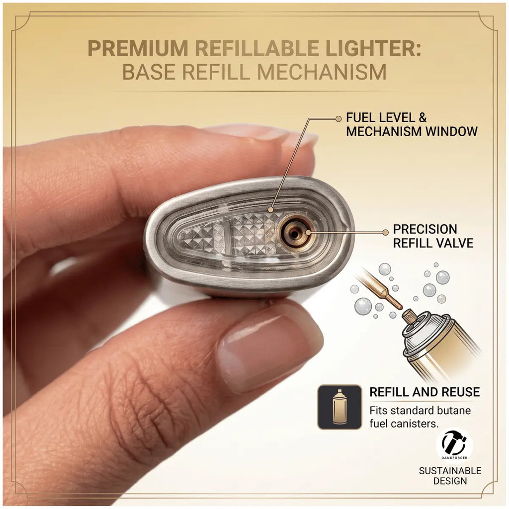 A hand holds a silver refillable lighter showing the base refill mechanism, with text callouts pointing to the fuel level window and precision refill valve. The image includes a small illustration of a spray can and text noting refill and reuse with standard butane fuel cans.