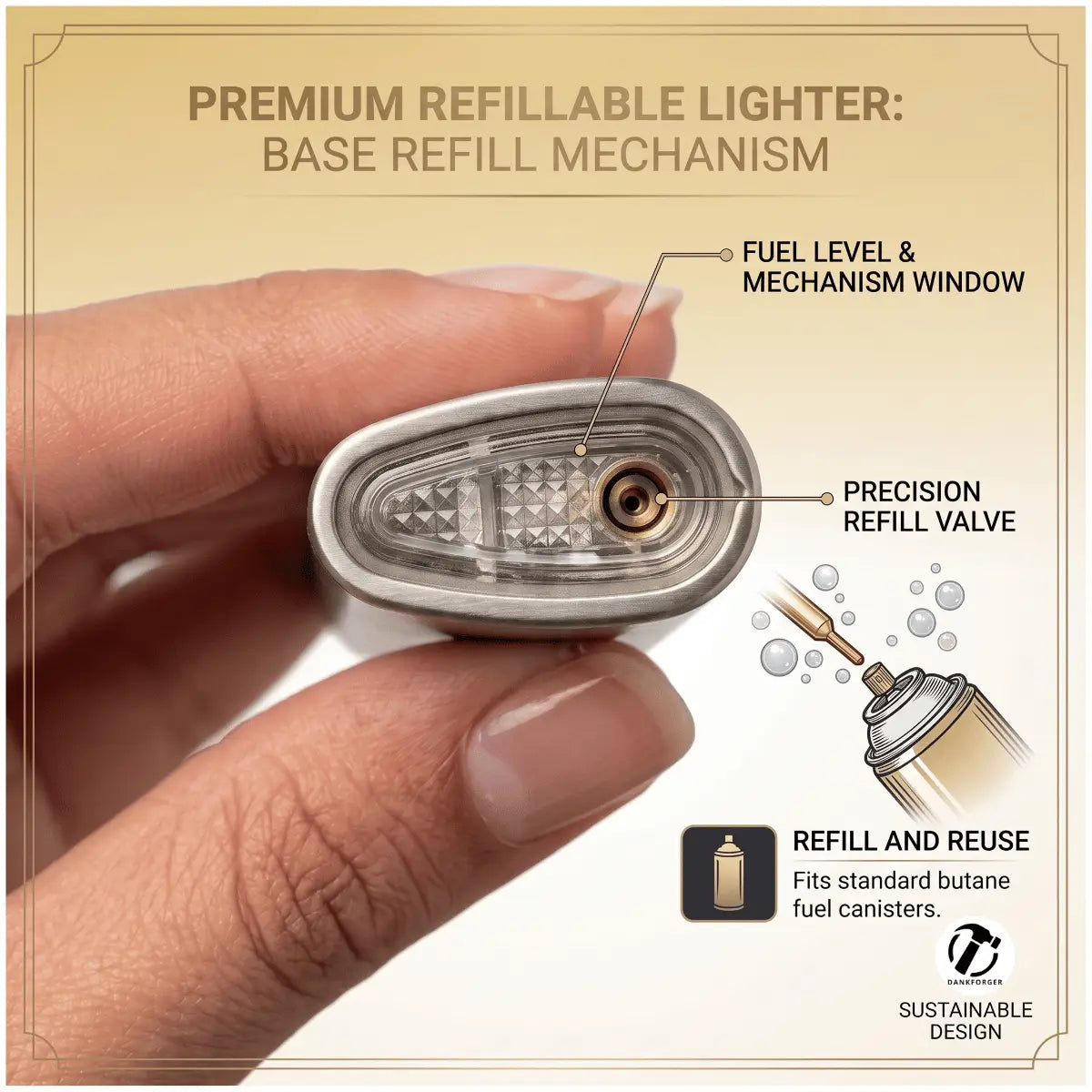 A hand holds a silver refillable lighter showing the base refill mechanism, with text callouts pointing to the fuel level window and precision refill valve. The image includes a small illustration of a spray can and text noting refill and reuse with standard butane fuel cans.