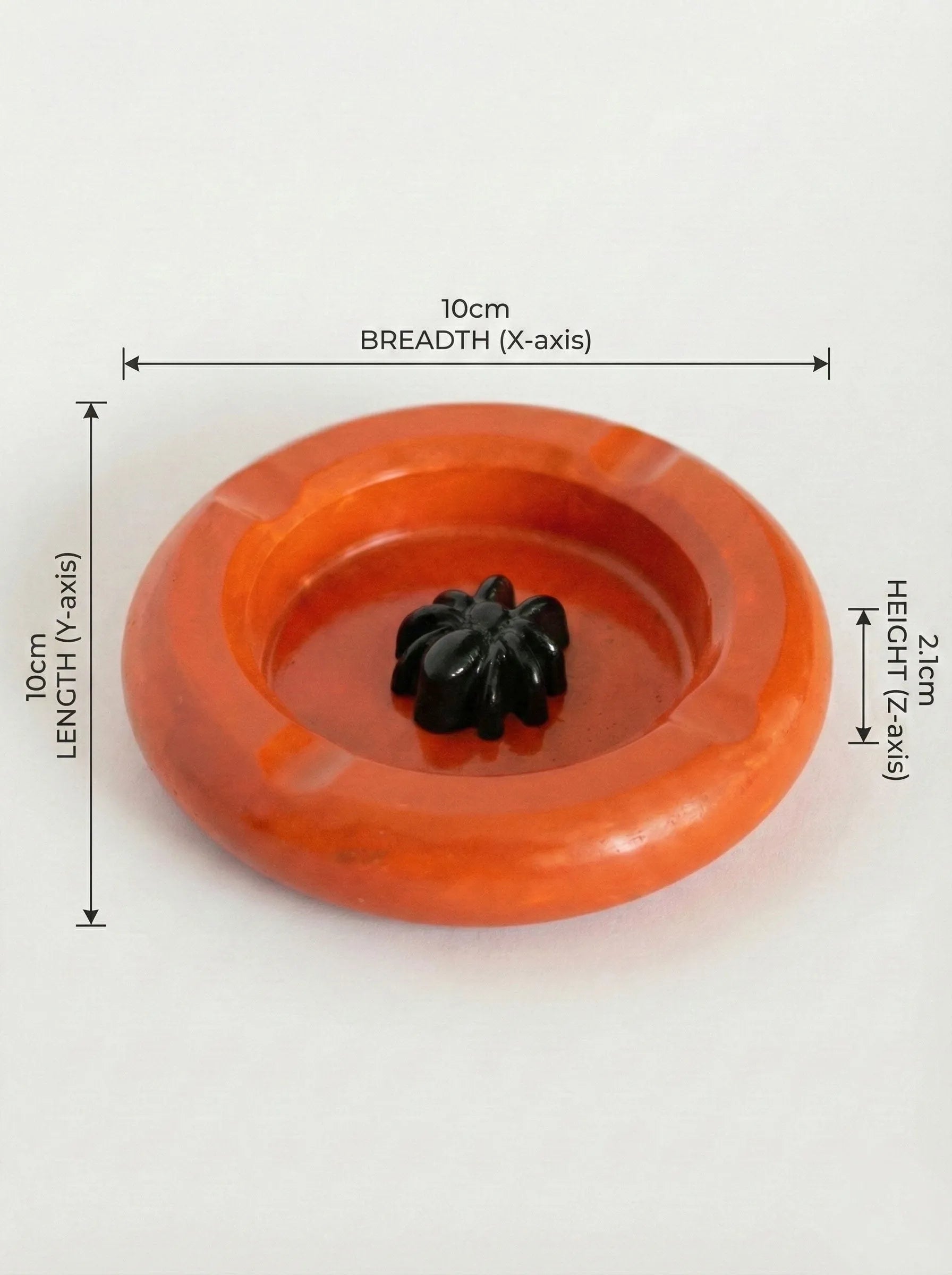 Orange concrete Halloween Spider Ashtray , shown with measurements on a white background