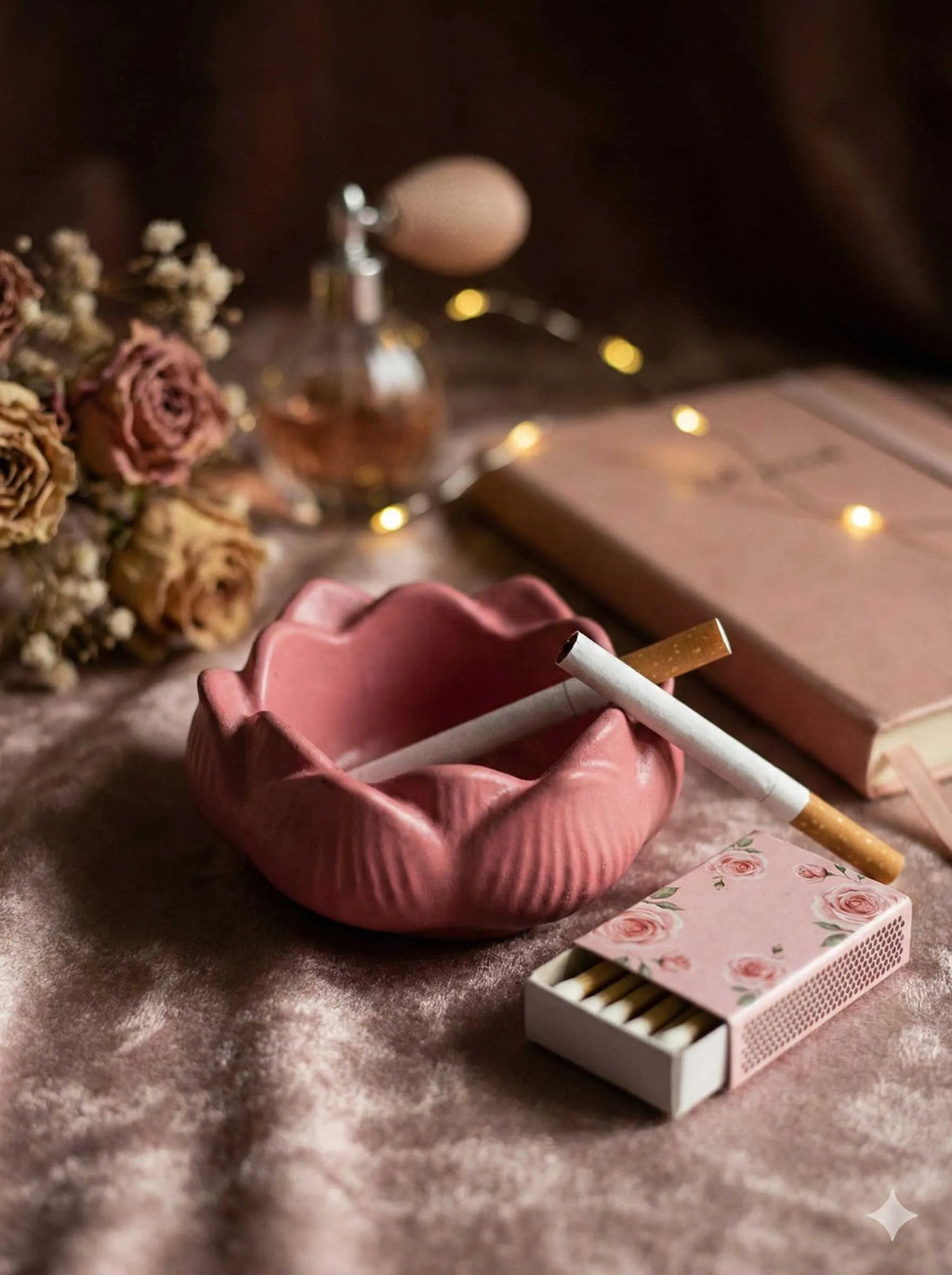 Pink lotus-shaped ashtray with cigarettes, matches, and flowers on a textured surface.