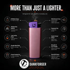 A reusable DANKFORGER lighter is featured in a promotional infographic on a black background, surrounded by feature callouts and icons such as reliable flame, ergonomic grip, wind resistance, and eco-friendly design.