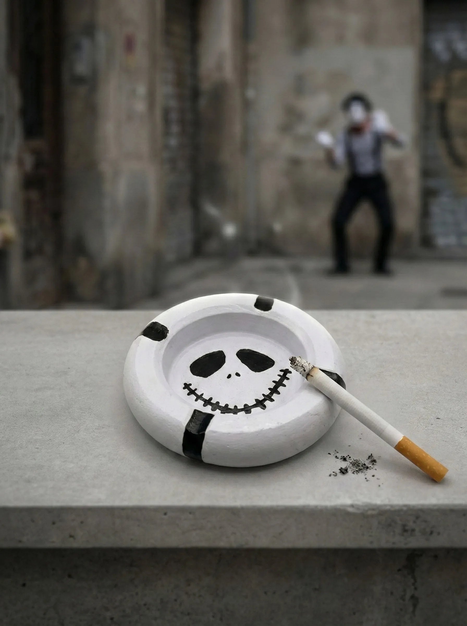 mime face ashtray with a cigarette on a concrete surface, with a blurred background of a mime artist and wall.