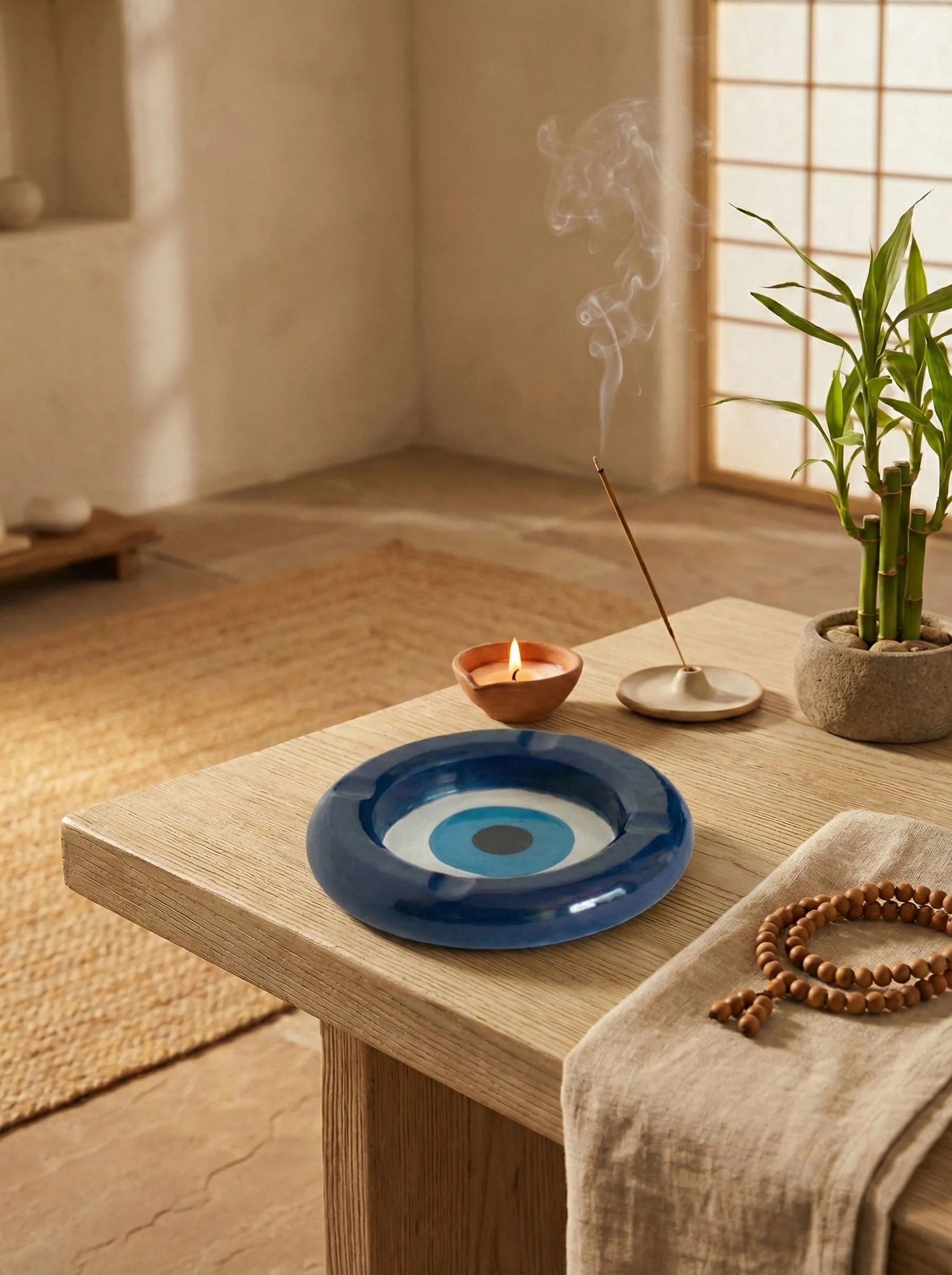 Nazar Evil Eye Ashtray
on a wooden table with incense and a candle in a aesthetic room.