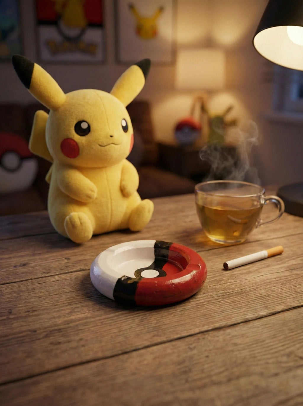 Pikachu toy next to a smoking ashtray and cup of tea on a wooden surface.