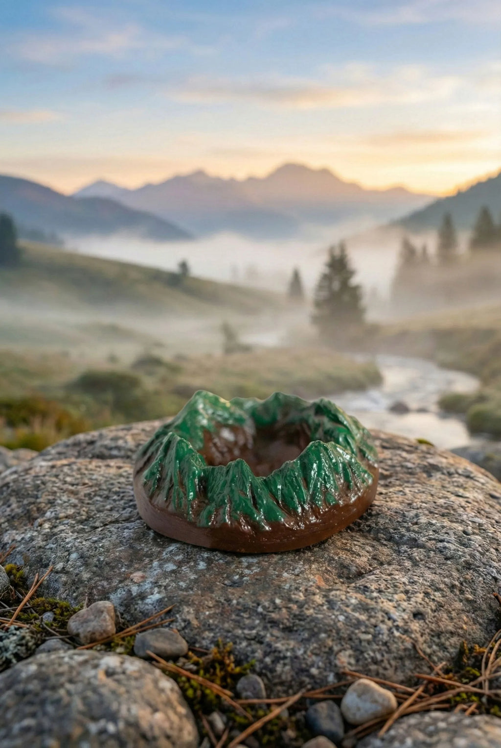 designer Sahyadri Ashtray with a scenic mountain landscape in the background
