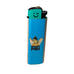A blue and beige lighter with a graphic of a winged angel and the text 'STONED PARI' on the front, with a turquoise ignition panel featuring a smiley face.