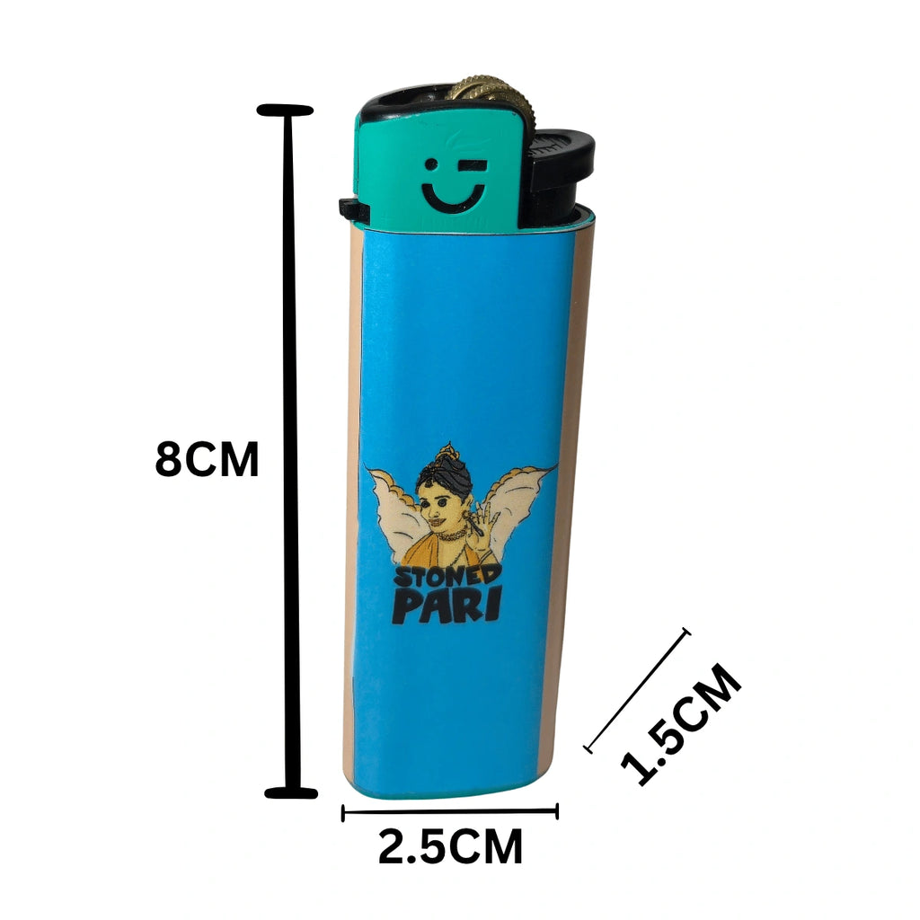 A blue novelty lighter with a black top and a cartoon graphic of a winged figure and the text 'STONED PARI', shown with dimension lines indicating 8CM height, 2.5CM width, and 1.5 cm