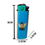 A blue novelty lighter with a black top and a cartoon graphic of a winged figure and the text 'STONED PARI', shown with dimension lines indicating 8CM height, 2.5CM width, and 1.5 cm