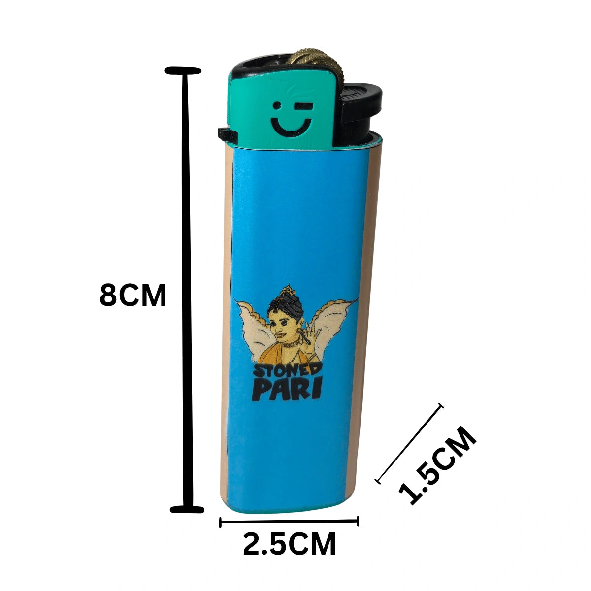 A blue novelty lighter with a black top and a cartoon graphic of a winged figure and the text 'STONED PARI', shown with dimension lines indicating 8CM height, 2.5CM width, and 1.5 cm
