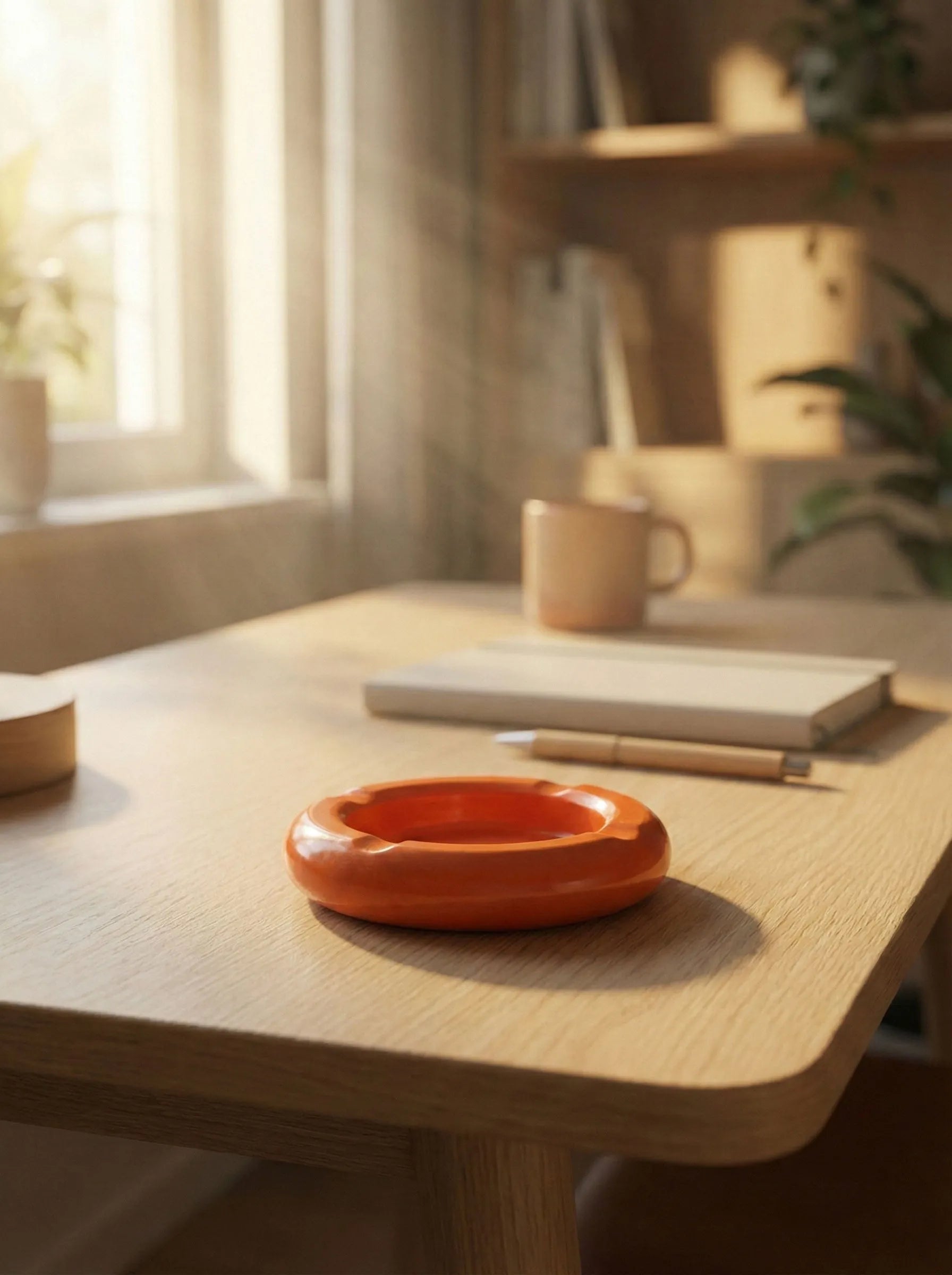 Orange concrete dish on a wooden table with a blurred background