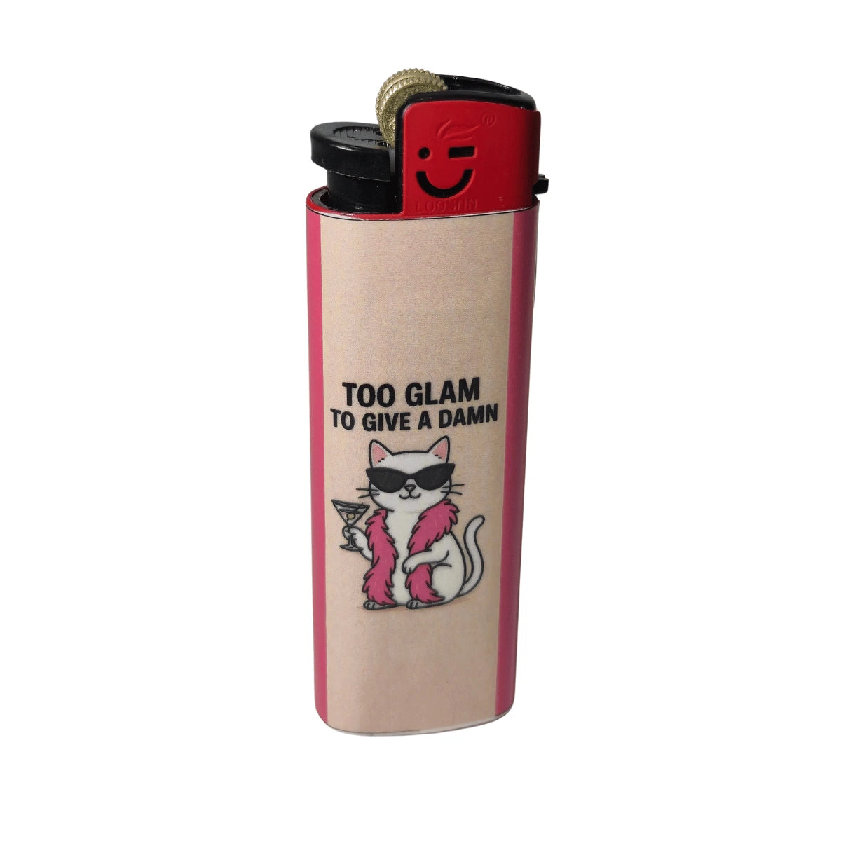 Too Glam flint wheel designer cigarette lighter for women with unique design and refillable pocket design
 lighter with a beige body, pink side borders, and a cartoon cat wearing sunglasses and holding a martini glass. The lighter has the text 'TOO GLAM TO GIVE A DAMN' printed on the front, with a red and black ignition mechanism at the top.