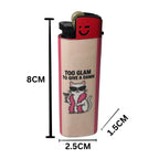 A pink and beige cigarette lighter with a cartoon cat wearing sunglasses and holding a martini glass, accompanied by the text 'TOO GLAM TO GIVE A DAMN'. The lighter is shown with black dimension lines and text indicating its height as 8CM, width as 