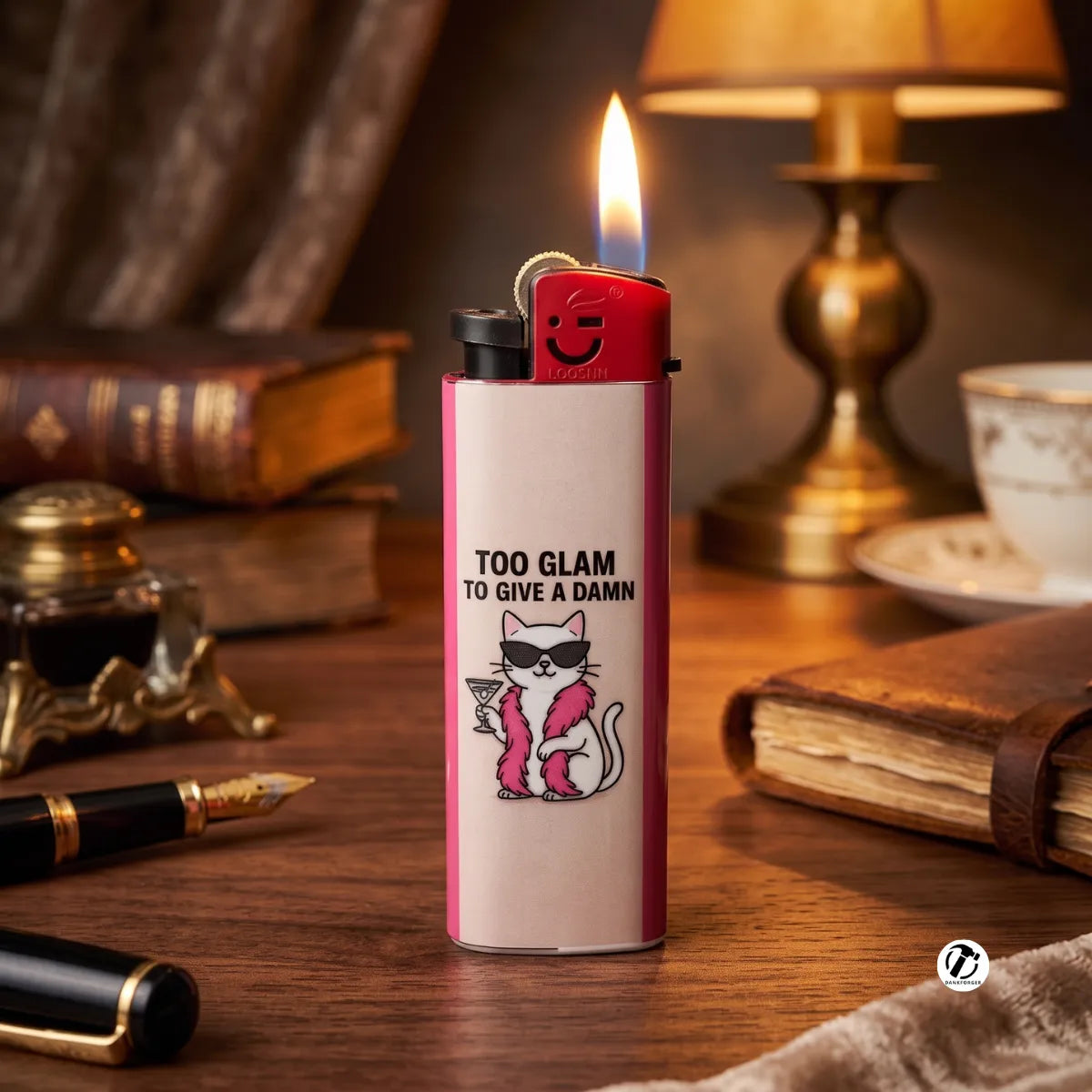 A pink and white cigarette lighter with a funky cat wearing sunglasses and the text 'TOO GLAM TO GIVE A DAMN' stands lit on a wooden desk surrounded by vintage books, a lamp, and stationery.