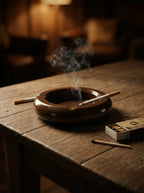 Smoking scene with a brown ashtray, lit cigarette, and matches on a wooden table.