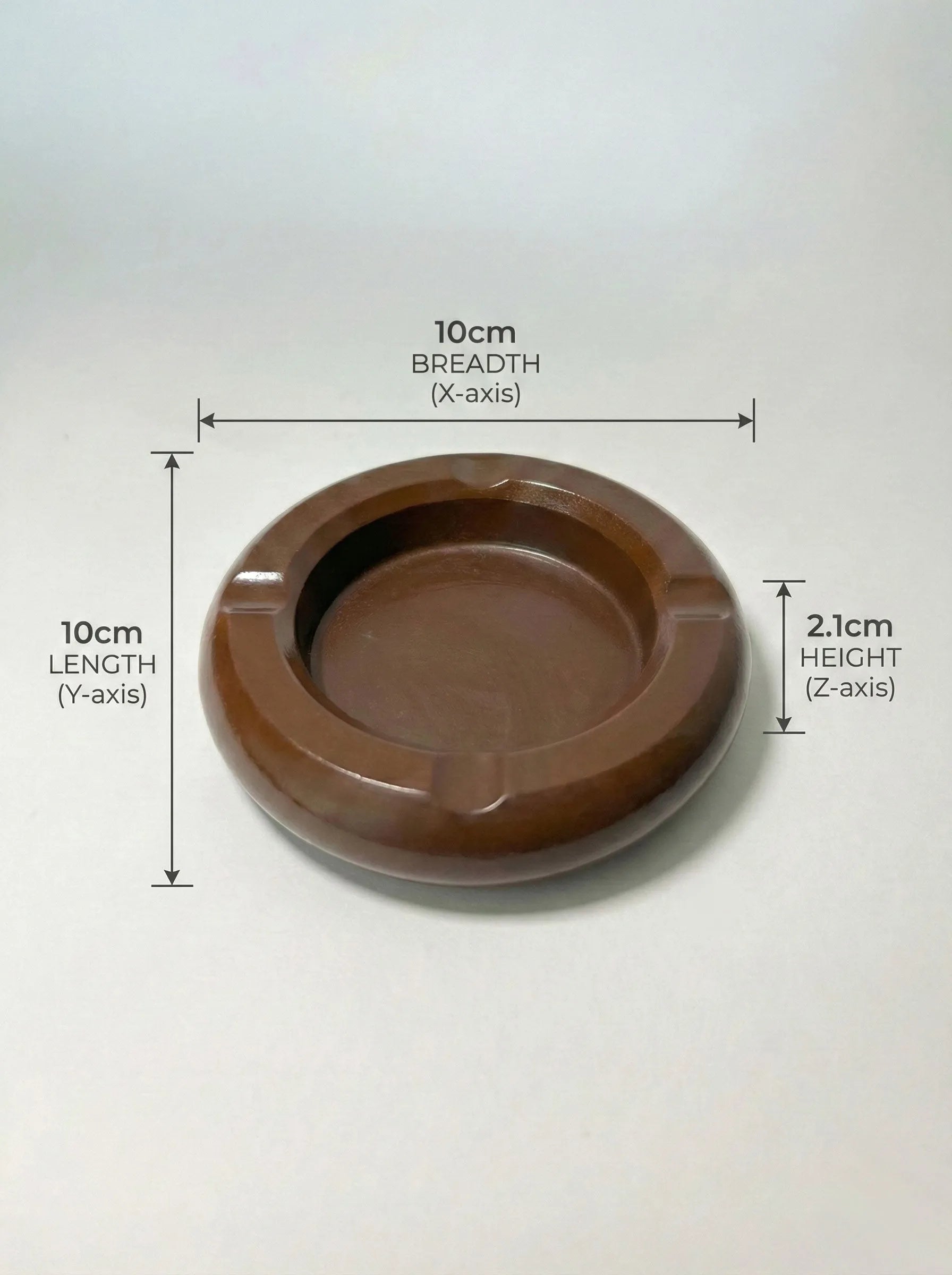 Umber Brown concrete ashtray with dimensions labeled on a white background