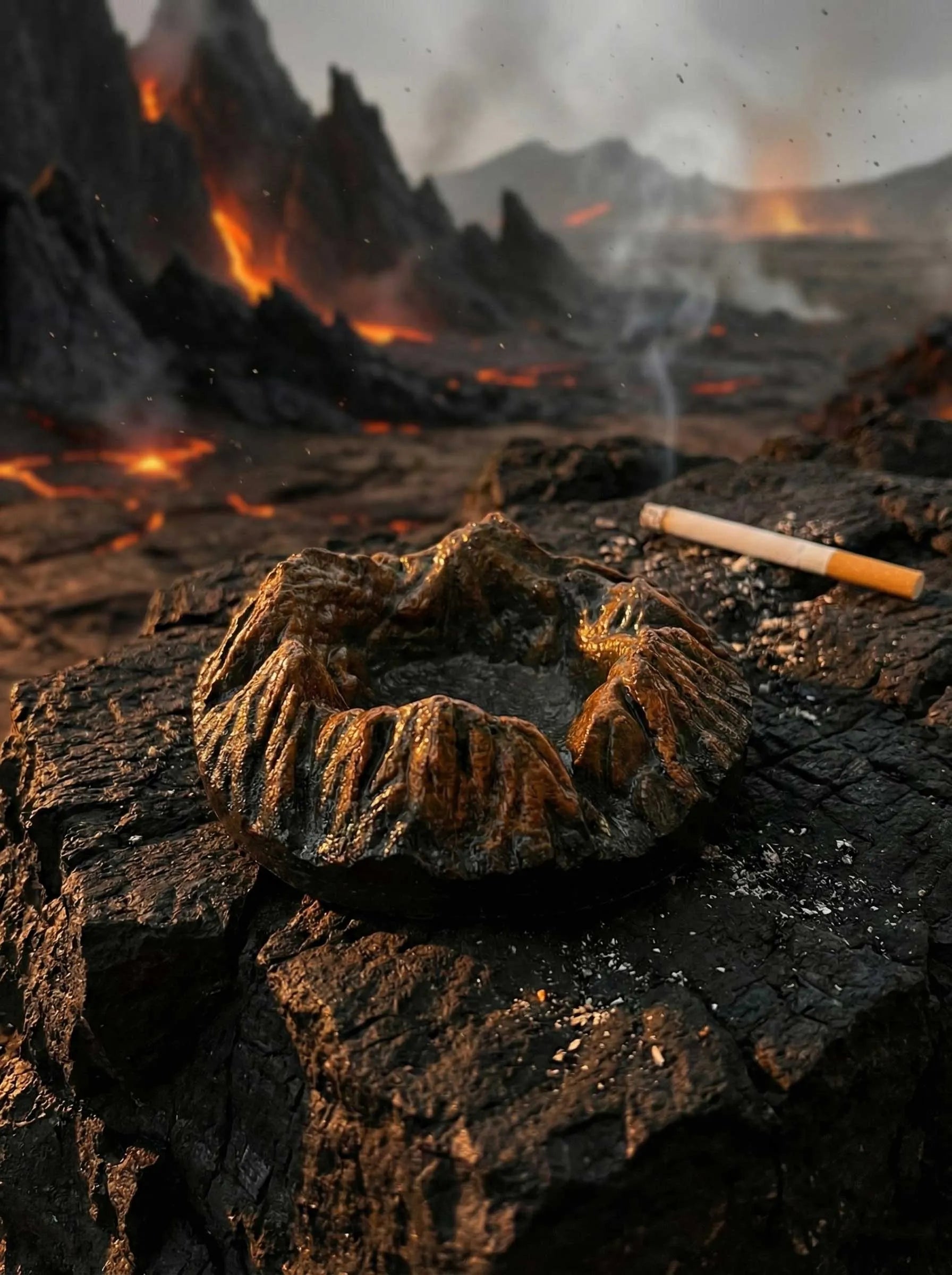 ashtray on a volcanic landscape with lava and smoke