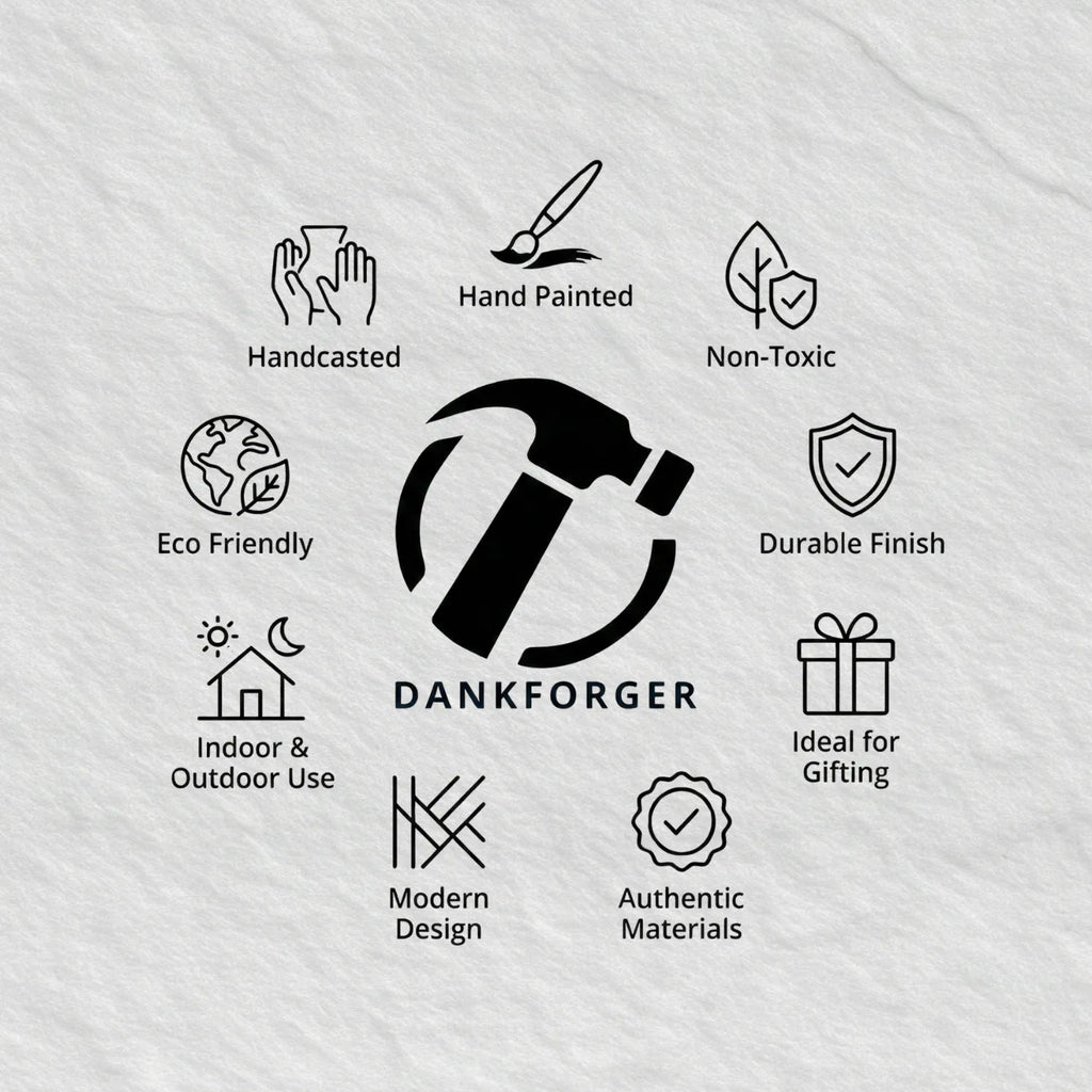 Collection of icons and text describing features of 'Dankforger' ashtrays on a light gray background.