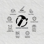 Collection of icons and text describing features of 'Dankforger' ashtrays on a light gray background.