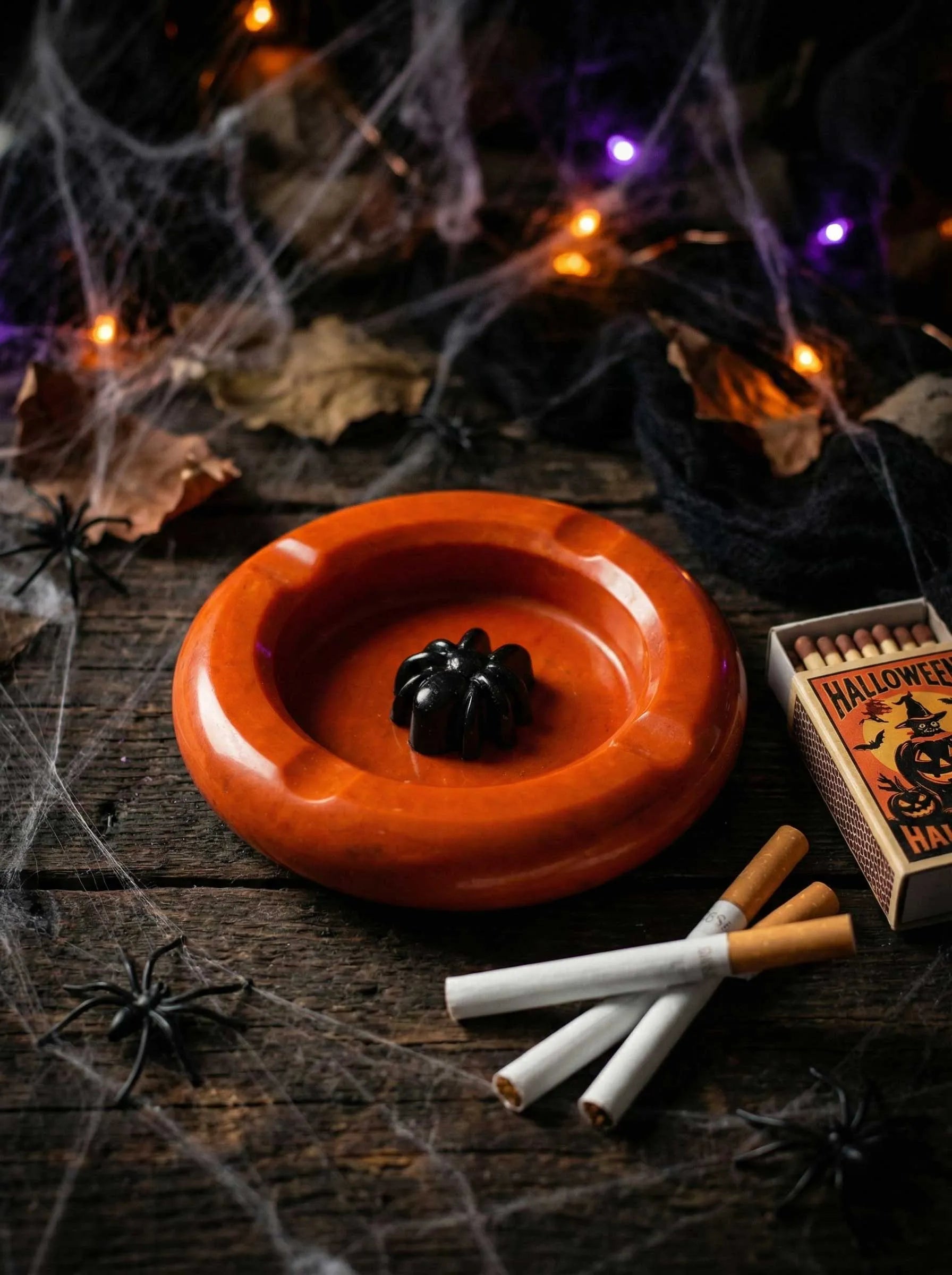 Halloween-themed ashtray with spider design on a dark surface with matches and cigarettes.