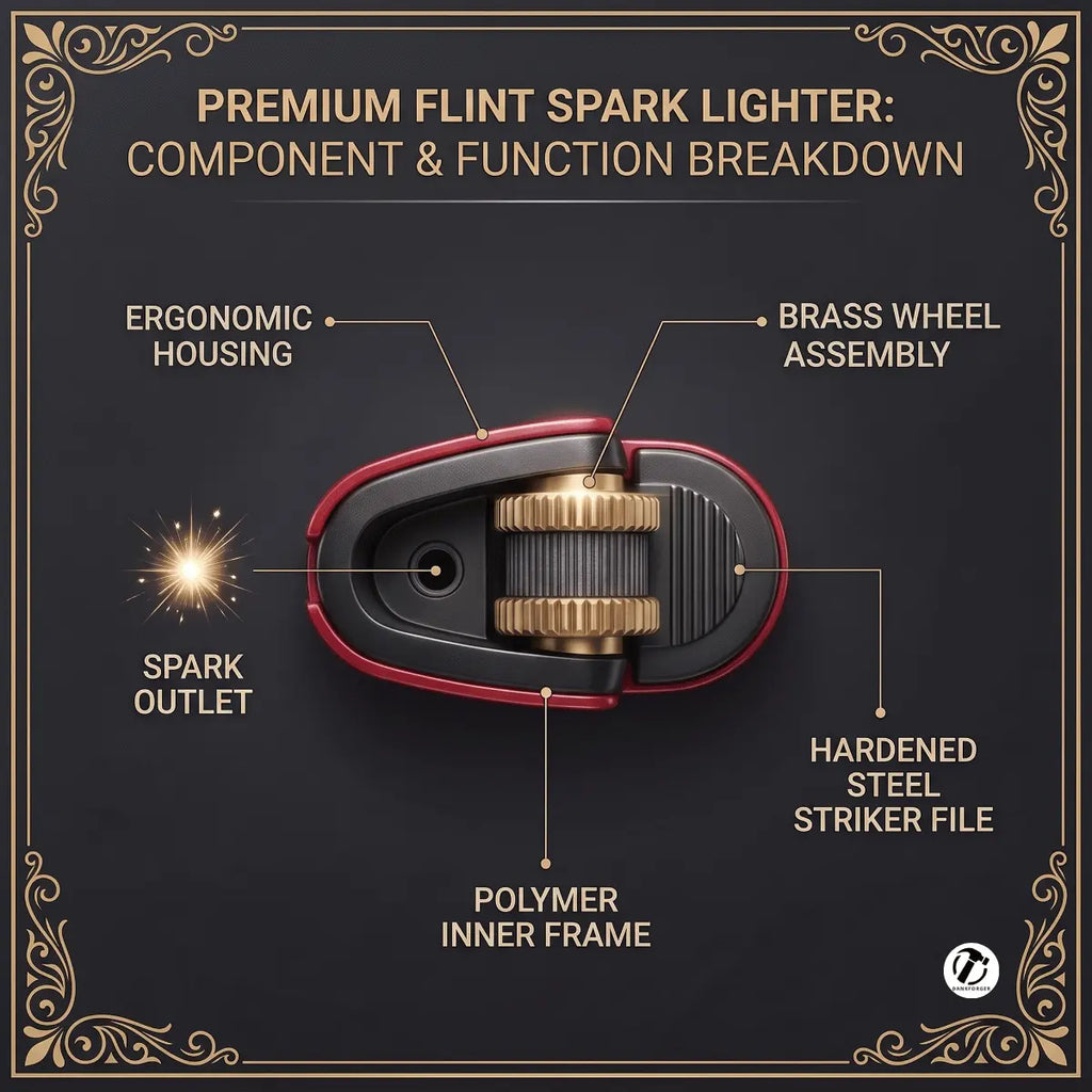 An infographic-style product diagram on a dark charcoal background with ornate gold corner flourishes. The central subject is a spark lighter shown from above, labeled with callouts including ergonomic housing, brass wheel assembly, hardened steel striker file, polymer inner frame, and spark outlet.