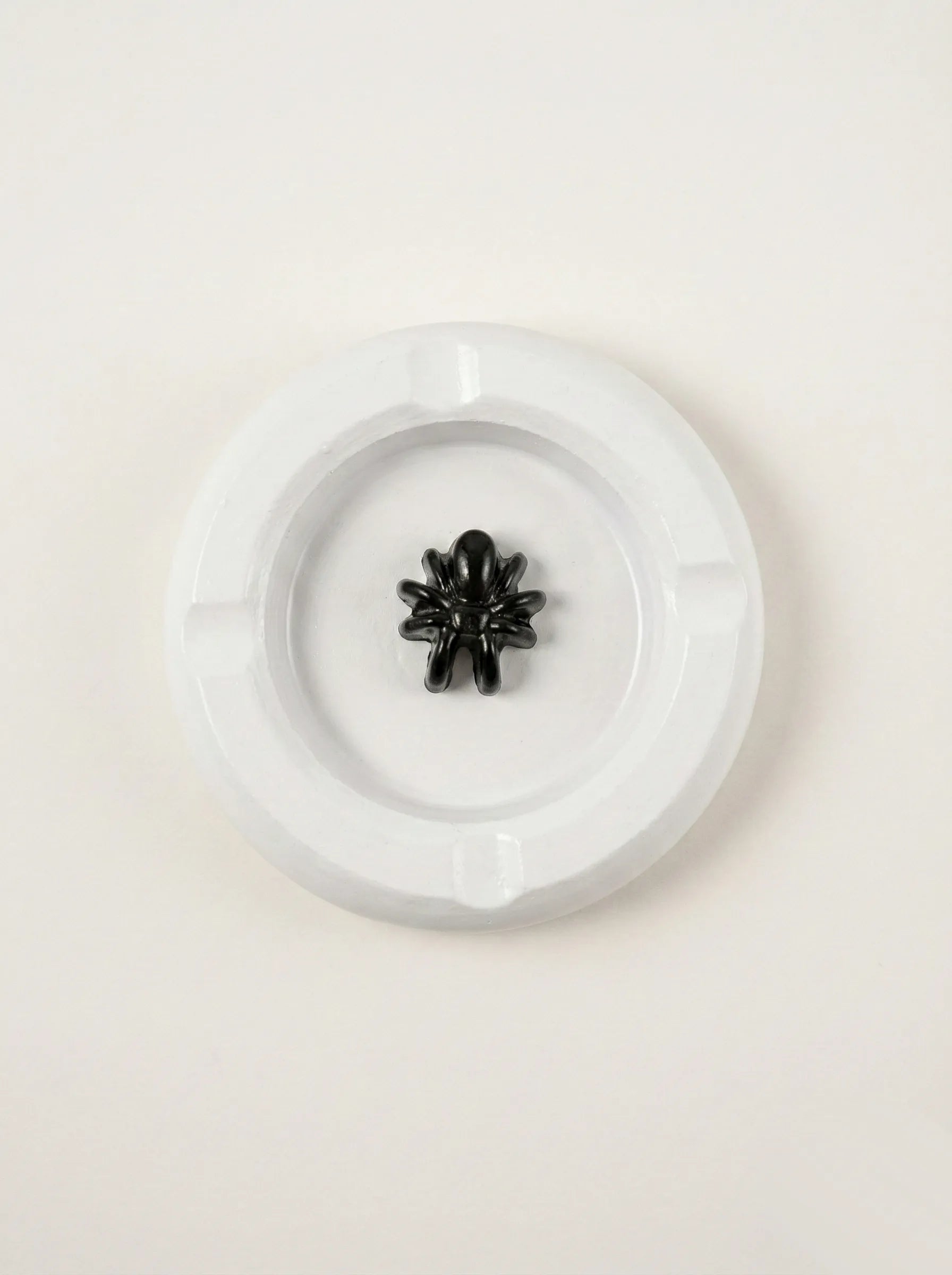 Black fancy spider on a white concrete ashtray on a off white background