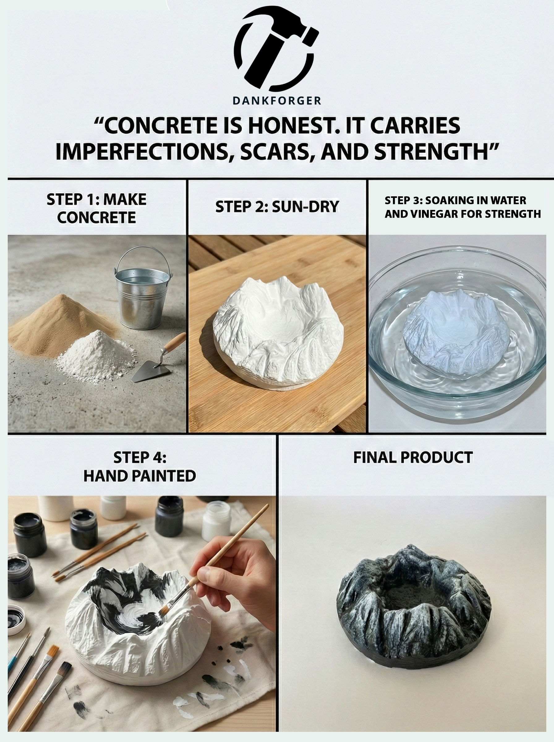 Step-by-step process of creating a concrete ashtray with 'Dankforger' branding.