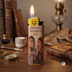 Ustaad flint wheel designer cigarette lighter for women with unique printed artwork and refillable pocket design A cigarette lighter with a yellow smiley face top and Hindi text, standing on a wooden table surrounded by books, a lamp, and other desk props.