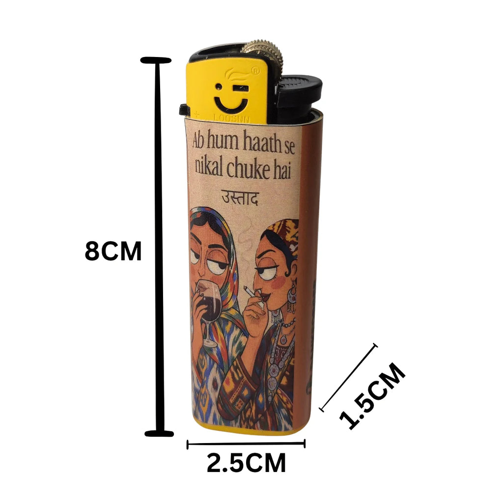 Ustaad flint wheel designer cigarette lighter for women with unique printed artwork and refillable pocket design lighter with a printed illustration of two women and Hindi text on a beige body, shown with dimension lines indicating 8CM height, 2.5CM width, and 1.