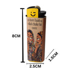 Ustaad flint wheel designer cigarette lighter for women with unique printed artwork and refillable pocket design lighter with a printed illustration of two women and Hindi text on a beige body, shown with dimension lines indicating 8CM height, 2.5CM width, and 1.