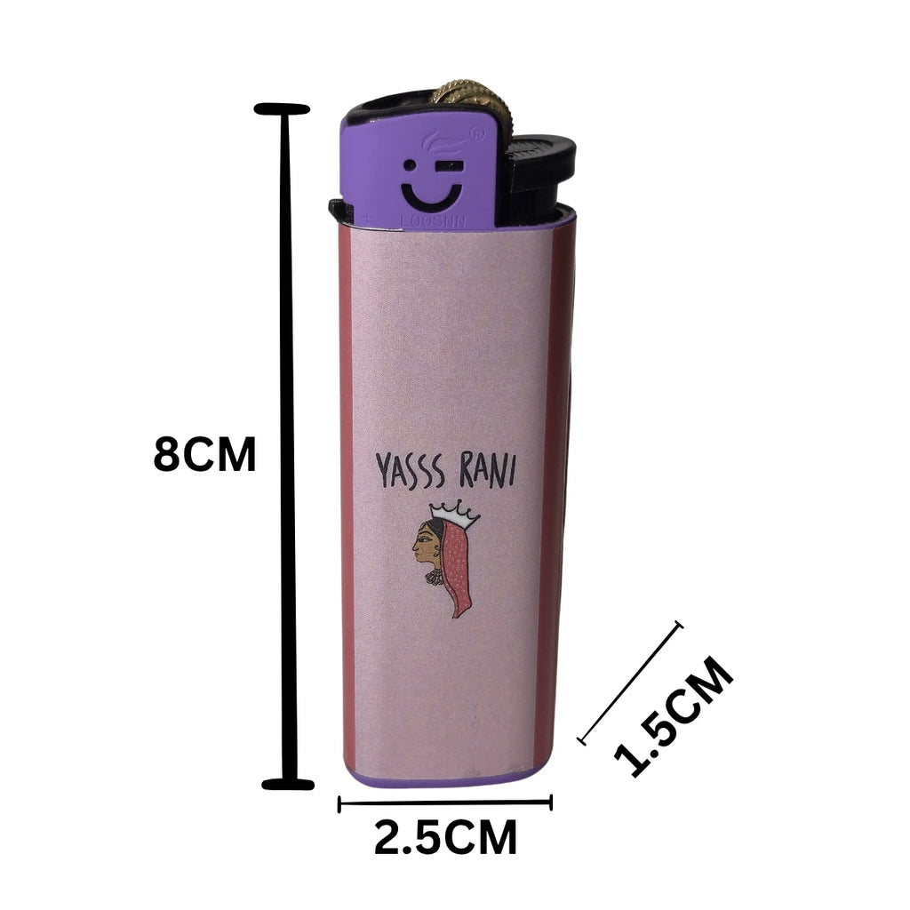 A pink reusable cigarette lighter with a purple top cap featuring a smiley face, shown with black dimension lines and text indicating measurements of 8CM height, 2.5CM width, and 1.5 cm width